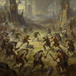 painted closeup of fantasy battlefield, orcs fighting humans, fantasy intricate elegant extremely detailed digital painting trending artstation concept art sharp focus illustration art by gustave courbet greg rutkowski craig mullins