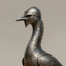 long - necked avian wearing a medieval full - coverage metal helmet with intricate filigree details, elegant, regal, digital character illustration
