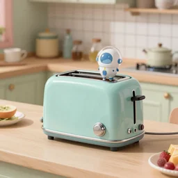 a cute brave little toaster from outer space in a dreamy 1950’s kitchen
