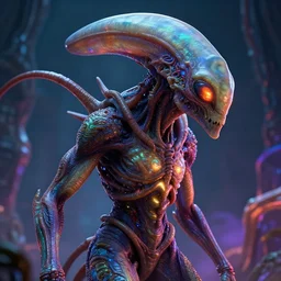 photorealistic alien creature as a dmt entity in the style of alex grey and michael whelan. hyperdetailed photorealism, 1 0 8 megapixels, amazing depth, high resolution, 3 d shading, 3 d finalrender, 3 d cinematic lighting, glowing rich colors, psychedelic overtones, artstation concept art.