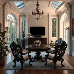 a victorian english living room, 2 0 2 0, garden view, clean architecture, intricate chairs and a dark brown wooden baroque round table, tv screen, some fresh plants, night time, soft light, peaceful, 8 k octane render