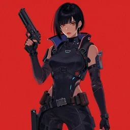 a female character with a gun and a red background, cyberpunk art by muqi, featured on pixiv, rayonism, sci - fi, pixiv, official art