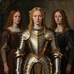 portrait of medieval swedish woman wearing gilded power armor with steel overbust corset. intricate painting by ross tran, magali villeneuve, and jeremy mann.