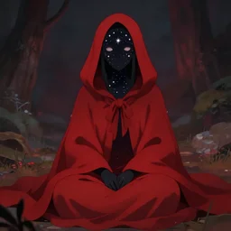a red cloaked being with a face of the stars sits looking at the camera, the scenery is beautiful and eerie, artstation, artistic, stylized