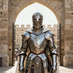 white man looking forward in iron decorated plate armor, cylindrical crusader great helm covering all his head and white cape covering his back and elbows standing at the gates of jerusalem drawn by greg rutkowski realistic high detail