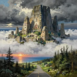 painting by sargent and leyendecker and greg hildebrandt savrasov levitan polenov, studio ghibly style mononoke, huge old ruins, middle earth above the layered low clouds road between forests trees sunrise sea bay view faroe azores overcast storm masterpiece