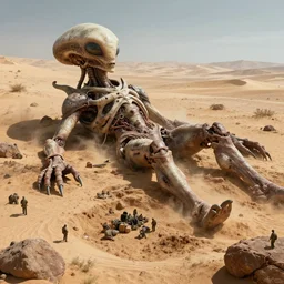 enormous alien titan lying in a desert, forgotten, archeological expedition and digging site, octane render, beksinski, creepy, high detail, real life