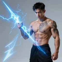 handsome tattooed gym bro mage lightning magic spell vfx, diagonal spell vfx, fantasy game spell, fantasy epic digital art, by greg rutkowski, gaston bussiere, craig mullins, j. c. leyendecker, tom of finland