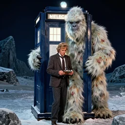 The Second Doctor stepping out of the Tardis, holding his recorder, with a Yeti