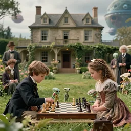sharp, highly detailed, 9216k film, 17500mm film still from a sci fi blockbuster color movie made in 2019, set in 1860, of a boy and a girl playing chess with their small pet humanoid alien, in the garden of a house on an alien planet, the family are all wearing 1860s era clothes, good lighting, in focus, 350mm f/1.4L lens