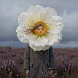 portrait, gigantic flower head, a girl wearing a coat in heather field, surreal photography, wind and cold, dramatic sky, impressionist painting, digital painting, artstation, simon stalenhag