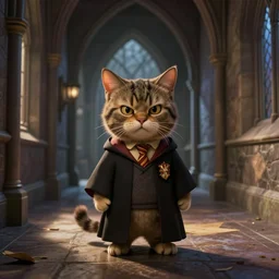 Greebo, the angry cat, at a corridor of Hogwarts School of Witchcraft and Wizardry, detailed, hyperrealistic, colorful, cinematic lighting,  digital illustration by Paul Kidby