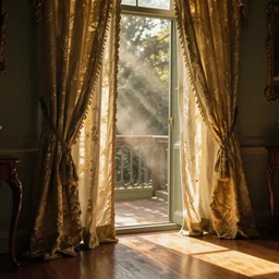 inside a 1 9 th century home, brocade fabric curtains blocking the morning light, polished wood floor, rays of light, golden hour, dust, photorealism, by vilhelm hammershøi