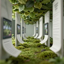 still from an a 2 4 film : floating vr interface with depth of field, multiscale micro - room hallway tunnels branching amongst a minimalist area made of moss, vertical panels upon panels stacking floating leaves into the distance, vertically floating panels & soft white marble tablets displaying zooming interfaces and long scrolls and blurry panels of floating above the grass, macro view with bokeh