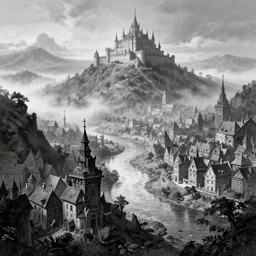 crooked fantasy town in a landscape of misty hills, artstation, artgerm, by frank frazetta, by peter bruegel the elder, by takato yamamoto, winding river in center, walled palace on top of a hill, black and white