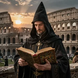 half portait of magican wearing a cowl with big old book!, jeremy mann, jean leon gerome, tiepolo, alphonse mucha, greg rutkowski, face in the shadows, ( ( ruins of ancient rome ) ), at dusk, mysterious atmosphere, sunrays, dof, masterpiece, high detailed, 8 k