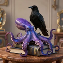 by wesley burt and basil gogos, visually stunning, cinematic, ultra realistic, hyper realism, 1 2 k, epic, octane render, unreal engine, vfx, maya, calciferous black bird sitting on top of a wooden table : a cephalopod, octangular purple and blue octopus sitting on top of a book : pharaonic