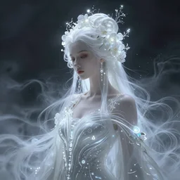 a beautiful majestic white queen with flowers on her hair, glowing light orbs, intricate concept art, elegant, digital painting, smooth, sharp focus, ethereal opalescent mist, deep colors, illuminated lines, outrun, vaporware, illuminated runes, dark smoky background, cyberpunk darksynth, ethereal, ominous, misty, 8 k, by ruan jia and miho hirano, 8 k, rendered in octane
