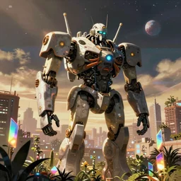 a city of light built in the side of a giant robot corpse repurposed to save the planet, set in the distant future, plants, light prisms, rainbow diffraction, steampunk, cyberpunk, warm lights, anime, vhs distortion