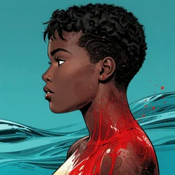 a portrait of a black woman with side profile blood in ocean intricate details by MARVEL comics and Sandra Chevrier