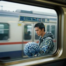 fuji gfx, closeup, shinkansen window view ; beautiful hyperrealistic film still from matrix movie train scene directed by tati in style of 1 9 9 0 s frontiers in miniature porcelain kintsugu design magazine seinen manga edition, real - life seinen manga porcelain sci - fi font brain sign, highly detailed