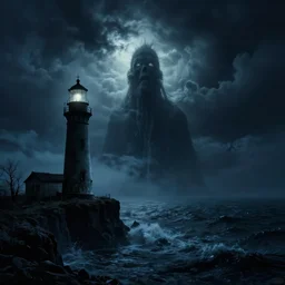 in the style of charlie bowater, dean cornwell, steve niles : : cthulhu rising from the ocean, spooky haunted lighthouse on a cliff, lighting, clouds, storm : : night time : : lovecraftian : : cinematic lighting : :