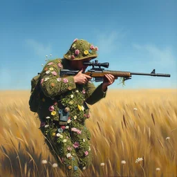 potrait of a sniper in ghillie suit covered with flowers, walking in field, blue sky, detailed, painting by craig mullins, james jean
