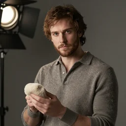 richard iv the roman king, real human wearing cashmere shirt, soft studio lighting, sigma lens photo, he is looking directly into camera holding something soft