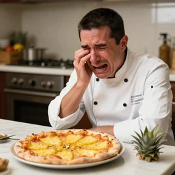 Italian chef crying while looking at a pineapple pizza on a table and sitting, photo