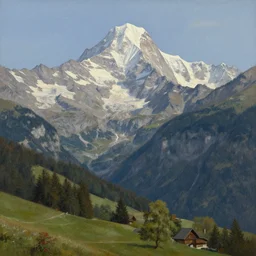 illustration of Switzerland mountains, realistic painting, classical painting, high definition, digital art, matte painting, very detailed, realistic
