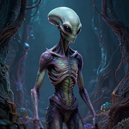 photorealistic eldritch alien slenderman in the style of michael whelan and gustave dore. by greg rutkowski. hyperdetailed photorealism, 1 0 8 megapixels, amazing depth, high resolution, 3 d shading, 3 d finalrender, 3 d cinematic lighting, psychedelic overtones, artstation concept art.