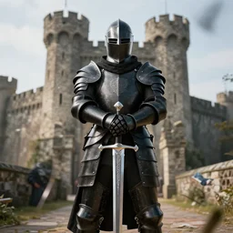 knight in black armour posing while holding a detailed silver sword standing in front of castle, focused, in frame, crazy reflections, high resolution, realistic, 8 k hyper real, rtx, unreal engine 5