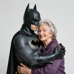 elderly woman hugging batman, highly detailed, 4 k, prize winning, heartwarming, trending on artstation
