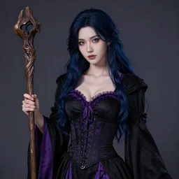 Portrait of a Beautiful Sorceress, wearing Black and purple robes, Dark blue hair, magic wooden staff, fully covered, corset, Epic fantasy, romantic lead, pretty face, trending by artstation, artstationhd, artstationhq, matte painting, 8k UHD