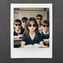 grainy portrait polaroid film photograph of a schoolbook where everyone is wearing sunglasses. super resolution. extremely surreal. extremely funny. extremely detailed. polaroid 6 0 0 film. by annie leibovitz and richard avedon