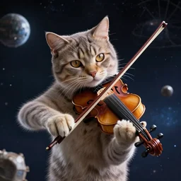 a cat playing violin in space, high detail, hyper realistic, 8 k, trending on artstation, unreal engine, octane render