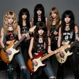 Group of 19-year-old women holding electric guitars, long shaggy hair, stoner rock, punk rock, grunge rock, alternative rock, noise rock, Subpop, grunge, band promo photo, 1991 photograph