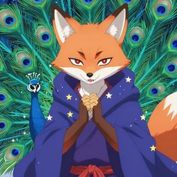 an anime of a colorful starry fox peacock character with pronounced oni fangs, wearing star filled mage robes, sitting in a library over candlelight, art by yuji ikehata, realism, detailed, proper proportions, fully clothed