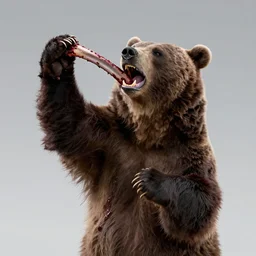 a bloodthirsty bear, raised up on one side, with three ribs in its mouth between its teeth, 8k