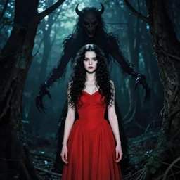in the style of artgerm, zhelong xu, full body, pretty alyson hannigan, evil dead demon, evil dead movie, red dress, zhelong xu, symmetrical eyes, symmetrical face, long curly black hair, trees, forest, branches, cinematic lighting, evil dead creature, scary