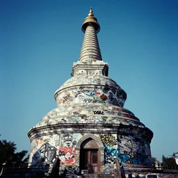 cyberpunk stupa covered in graffiti, 3 5 mm photography by saul leiter, leica canon fujifilm agfa velvia kodak, analogue