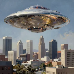 Downtown Los Angeles being visited by a large UFO, an epic painting, glinting metal, volumetric lighting, intricate, elegant, highly detailed, digital painting, artstation, concept art, smooth, sharp focus, art by Maciej Kuciara