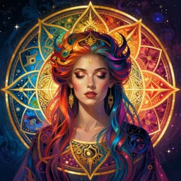 portrait of a beautiful sorceress by artgerm, mandala, vivid color, complementary color, golden ratio, detailed, sharp lines, sharp focus, intricate, rainbowshift, by maxfield parrish, by peter mohrbacher, by gustave dore, by alphonse mucha, deviantart, octane render