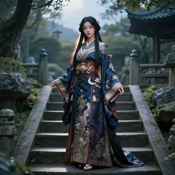 gorgeous japanese princess standing on stairs in an ancient fantasy garden, long hair, beautiful intricately decorated clothing, natural pose, backlight, dusk, shallow depth of field, fantasy matte painting, karole bak, mohrbacher, hasui kawase, noriyoshi ohrai