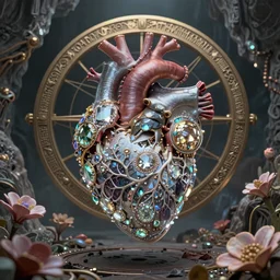 biocomputer heart in  intricate jewels and intricate branches,  on an epic  oroboros, behind a large and detailed sculpted astrolabe, inside a cave with  biomechanical flowers, dramatic atmosphere, Diffused lighting, highly detailed , trending on artstation, depth of field