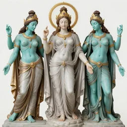 trinity of goddess and two unearthly cyan - skinned gods, roman renaissance painting, hindu poster by roberto ferri, poster, triangle, golden ratio, cycles, very colorful, blasphemous orthodox icon