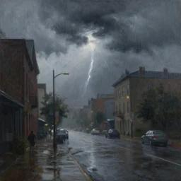 city streets in a thunderstorm, grey, ominous, painting by thomas kinkade