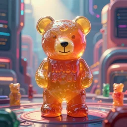 portrait of haribo bear in future city, color and shape focus, central composition, natur