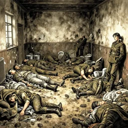 1 8 5 4 crimea, florence nightingale, army hospital in scutari, overcrowded, filthy, blocked drains, broken toilets, rats, many wounded soldiers, sleep dirty floor, grimy walls, finely detailed perfect art, manga, mengo yokoyari