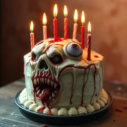 a creepy disgusting monster anniversary cake with candles veins eyeballs, very disgusting, photo